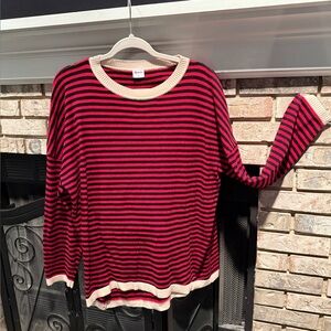 Long sleeve stripe crew neck knit sweater, hot pink/black, size XLarge, EUC